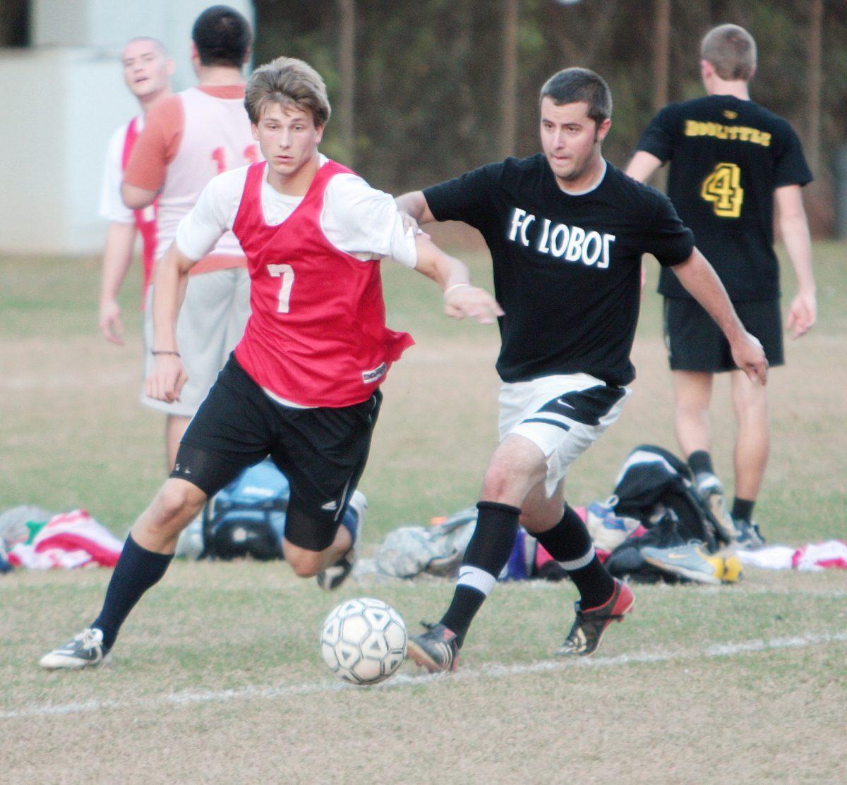 The intramural soccer playoffs began on monday with the first round of the men's open tournament