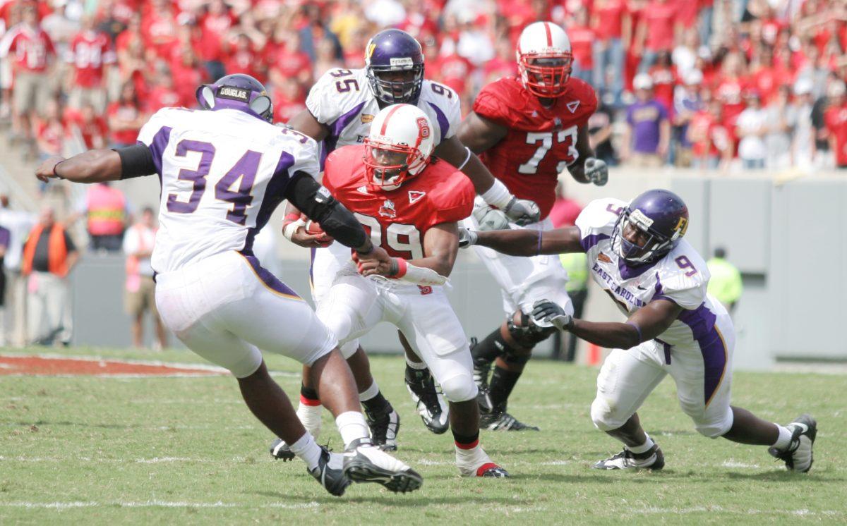 Tailback Jamelle Eugene rushes East Carolina defenders on Sept. 20. State plays Duke at 3
