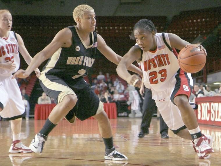 Shayla Fields drives past a Wake Forest defender Jan. 27.