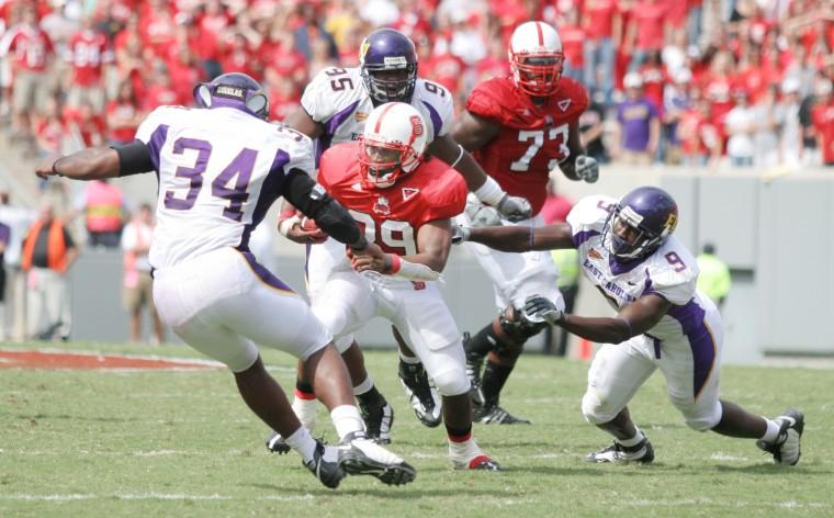 Tailback Jamelle Eugene rushes East Carolina defenders on Sept. 20. State plays Duke at 3