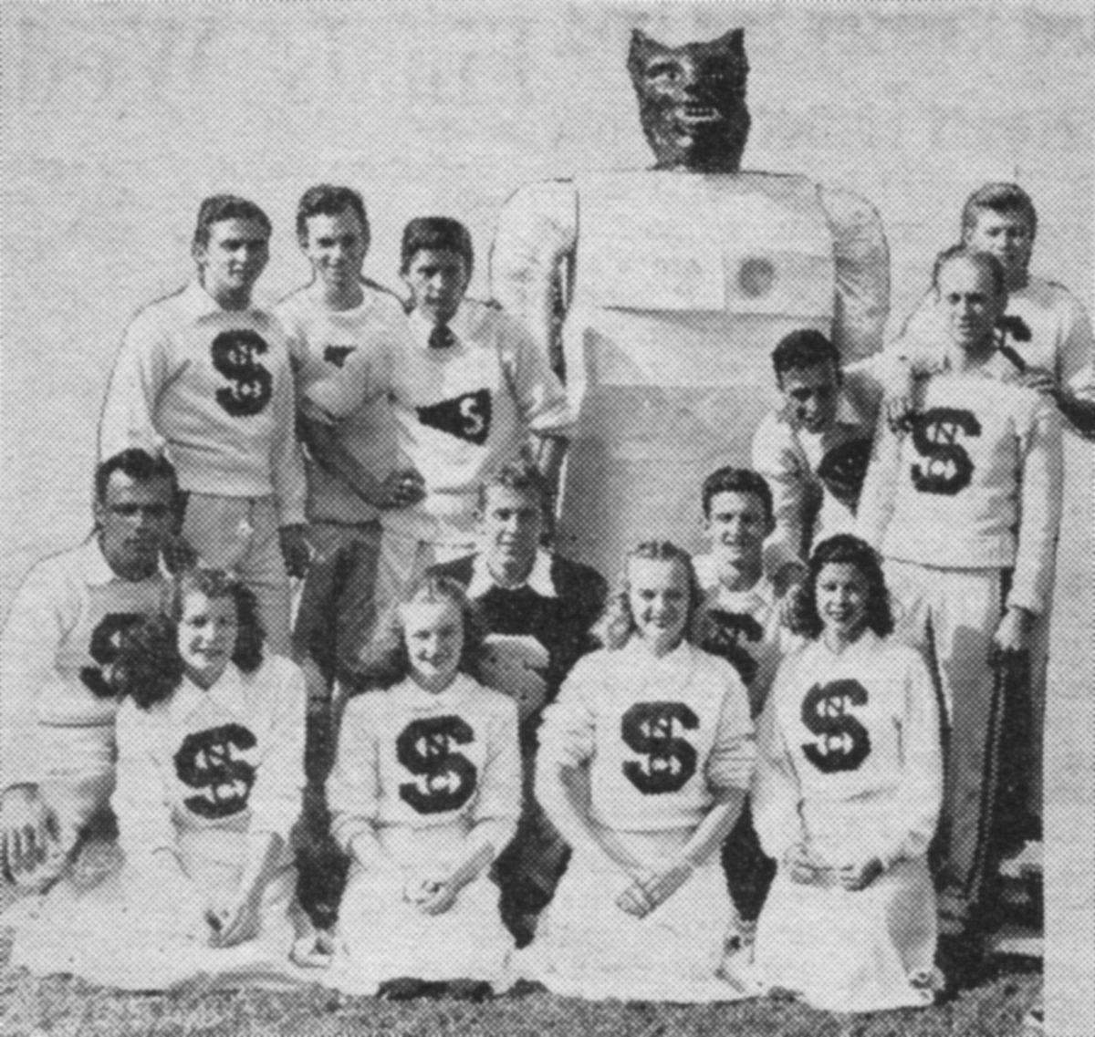Ira Helms, a mechanical engineering student in 1946, welded, painted and constructed a robot wolf to represent the cheerleading squad during games.