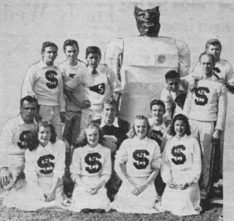 Ira Helms, a mechanical engineering student in 1946, welded, painted and constructed a robot wolf to represent the cheerleading squad during games.