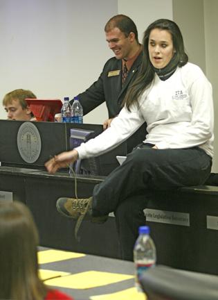 Morgan Donnelly, chair of the Campus Community Commitee, talks about the dangers of cold weather during this year's Campout.
