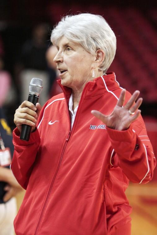 Coach Kay Yow speaks to the crowd after an exhibition game in Reynolds Coliseum Nov. 6.