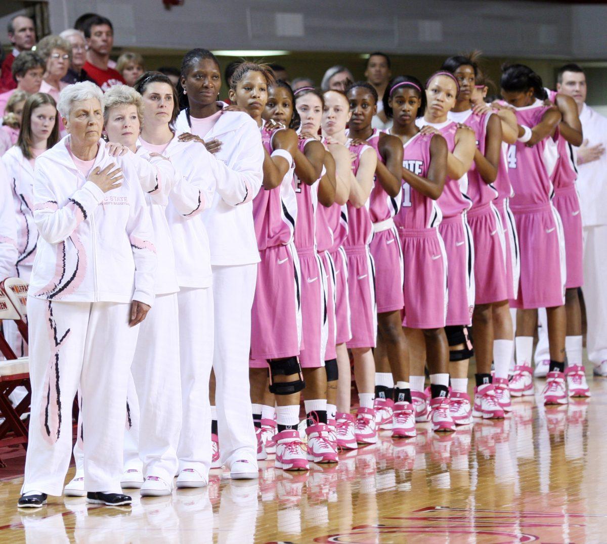 In this archive photo taken Feb. 10, 2008, Kay Yow and the Wolfpack line up for the national anthem before the Hoops for Hope game in Reynolds Coliseum.