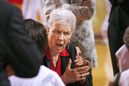 Kay Yow gets her team fired up during a time out at last year's game against St. John's. Yow was admitted to a hospital last week for closer monitoring of her condition. Yow was diagnosed with breast cancer 22 years ago. Photo by William Alligood.