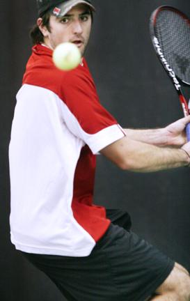 Christian Welte prepares to return the ball in a singles match at the UNC Wilmington game Jan. 19. Welte is No. 125 in the ITA preseason national rankings. The Wolfpack toppled UNC-W 7-0.