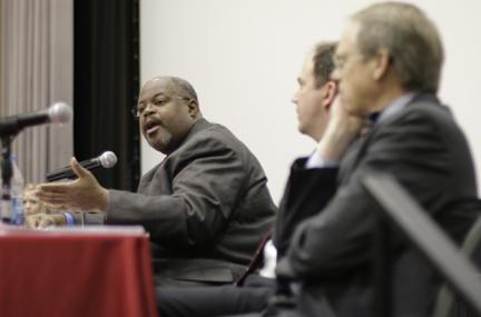 Cash Michaels, a journalist for the Carolinian Newspaper and Wilmington Journal, speaks with a panel at F***!, Speaking Out for Free Expression, event in Witherspoon Campus Cinema Wednesday. Michaels shared experiences with freedom of speech working for radio station and newspaper media. Photo by Tim O'Brien