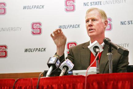 Head football coach Tom O'Brien speaks at a press conference on signing day Feb. 4. This year 24 student-athletes from 11 different states as well as a U.S. territory signed letters of intent. Photo by David Mabe