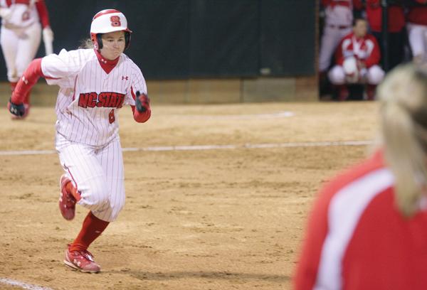 Catcher Alyssa Allbritten runs to first base after hitting the ball in the game against Sienna Feb. 25.