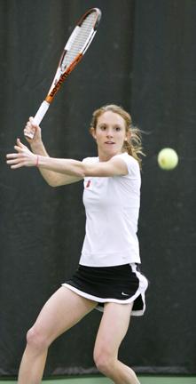 Senior Neils Barringer prepares to return the ball during her doubles match against UNC-Chapel Hill Feb. 6. Barringer will be playing in her last home match for N.C. State Saturday and Sunday as the Pack faces Clemson and Georgia Tech respectively. The match against the Yellow Jackets will be Senior Day honoring Barringer, the sole senior on the squad.