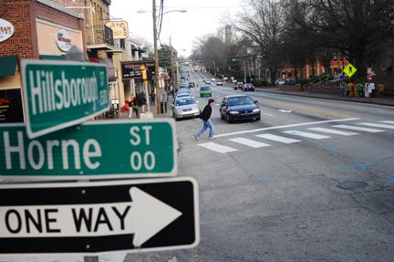 The once busy Hillsborough Street sits more quietly on Thursday afternoon. This section of Hillsborough Street will be filled with green arts and music during the Renassiance Festival on March 14. By 2010 there will also be renovations within this part. Photo by