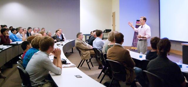Kicking off the fall 2009 &#8220;Leadership in Technology&#8221; speaker series, Red Hat president and CEO Jim Whitehurst gives a seminar to a packed classroom in EB2. The seminar, which counted as a credit for computer science graduate students as well as for University Scholars, was on the strengths of open source software. Theresa Payton, the first female White House CIO, will give the second seminar in the series Oct. 22. Photo by Amanda Karst