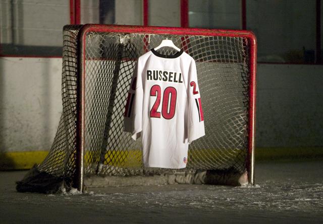 The club hockey team retired the jersey of its late team memeber, Stephen Russell, before facing UNC at the RecZone in North Raleigh Friday, Nov. 6. Russell passed away on July 4 at Jordan Lake. The Wolfpack topped the Tar Heels 6-2, bringing its season record to 4-3. Photo by Dreier Carr.