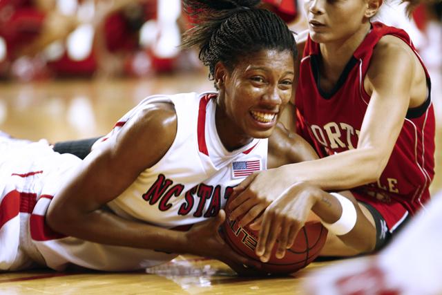 Tia Bell, junior forward, fights for control during the women's basketball scrimmage vs. North Greenville Monday, Nov. 2 in Reynolds Colosseum. Photo by Dreier Carr