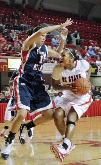 Sophomore forward Bonae Holston looks for a shot during Tuesday night&#8217;s game against Florida Atlantic. Holston tallied seven rebounds in the Pack&#8217;s 84-70 win over the Owls. Photo by Andy Musselman