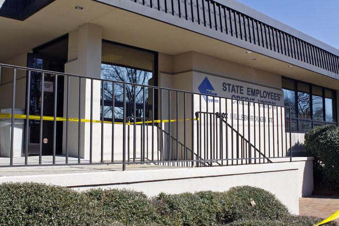 The State Employees Credit Union on Hillsborough Street after the robbery Tuesday. Photo by David Mabe