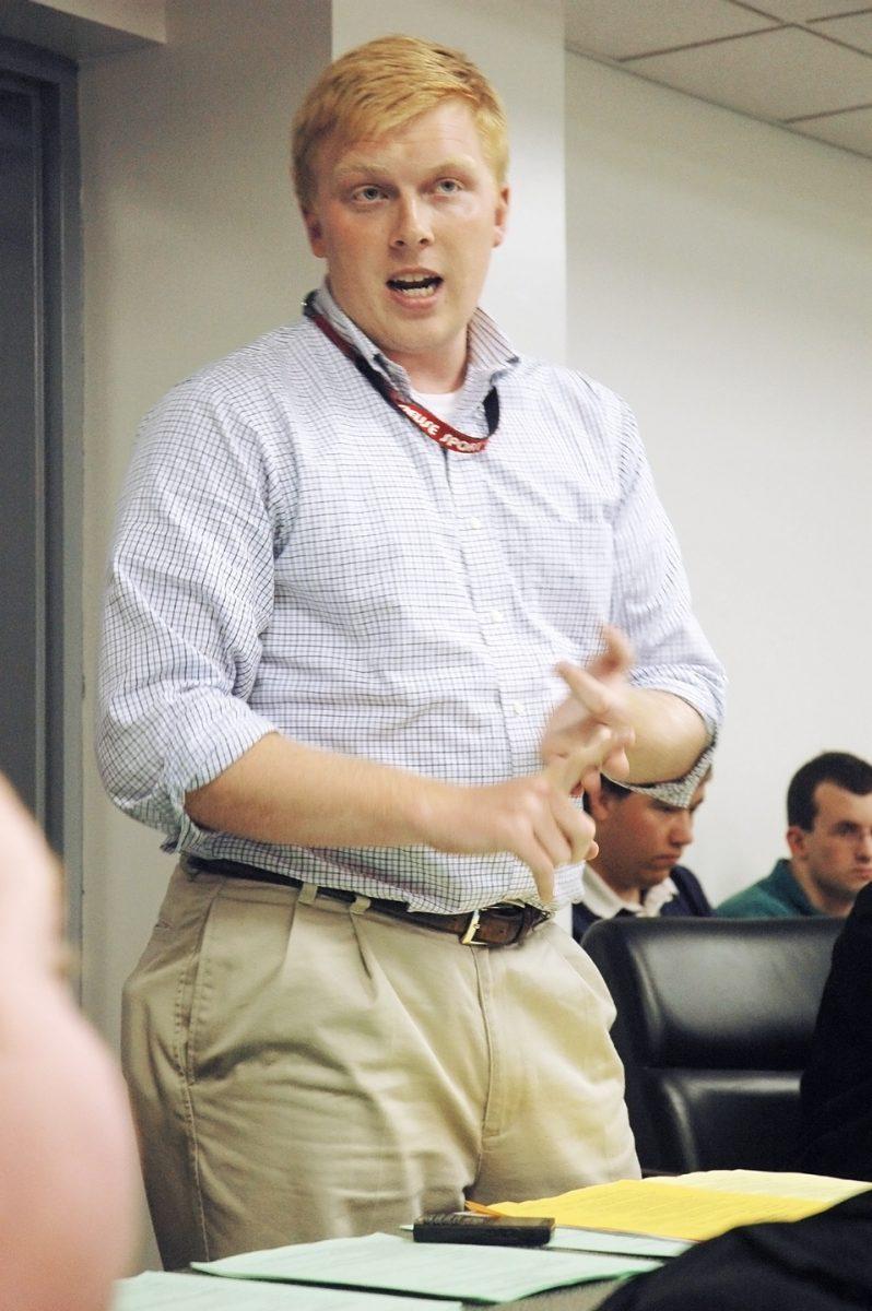Peter Barnes, a junior in natural resources, speaks about the Senate&#8217;s duty to the students at a weekly meeting. The meeting became heated around the proposed renovations to Talley Student Center and the costs it would require.