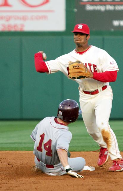 Freshman infielder Russell Wilson turns a double play during the game against Elon University April 2, 2008. NCSU won 12-0. Photo by Andy Musselman