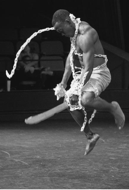 Resurrection from the Rubble, a performance by the Resurrection Dance Theater of Haiti, features short dance sequences, called Freedom Reclaimed, in which Gerald frantically frees himself from white chains. This section of the show warmed many hearts of the audience, as Gerald tried to reclaim his freedom. Photo by Lee Daniello