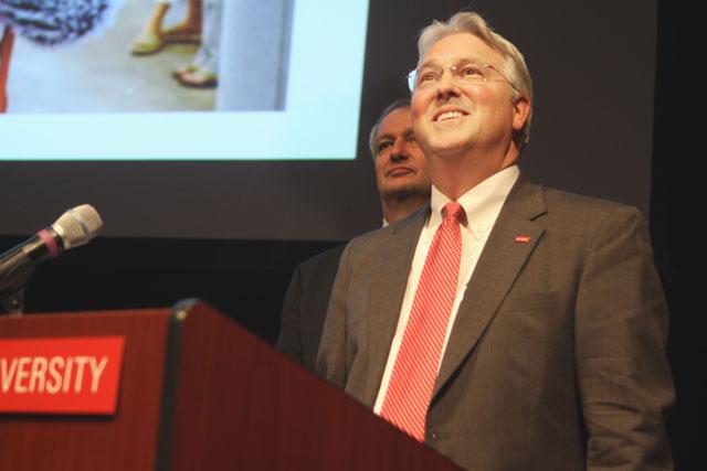 Chancellor Randy Woodson, with Interim Provost, Warwick Arden, behind him, familiarizes faculty, administrators, and students with the Strategic Planning layout, in Titmus Theatre, on Monday, September 13, 2010. Strategic Planning is an effort to create an ideal atmosphere at NC State, over the course of the next 5-7 years, by implementing four main goals.