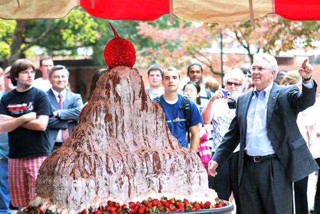 Chancellor Randy Woodson presents his new flavor of ice cream at the 2010 Chancellor&#8217;s Ice Cream Dream. This event introduces the first new chancellor flavor since 1998. "It's called Wolf Track. It has chocolate, fudge, vanilla and peanut butter." Woodson said.