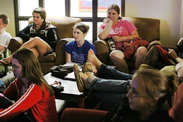 Students from the honors quad get toether to watch the new episode in season 2 of Glee, titled Grilled Cheesus. Catie Trimble, a junior in accounting, Janey Kuyath, a sophomore in accounting, Bethany Vohlers, a freshman in statistics and computer science, Jennine Lection, a freshman in animal science, and Courtney Vaughn, a freshman in human biology, gather in Bagwell Residence Hall's first floor lounge to to chill and enjoy the latest episode of the hit TV series. Photo by Lee Daniello.