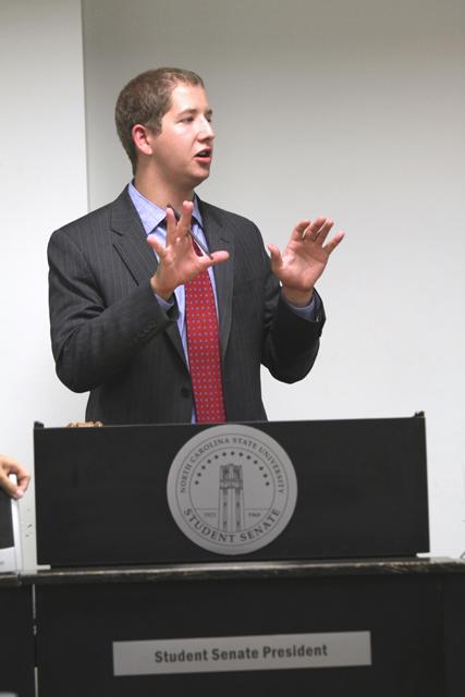 Student Senate President Stephen Kouba, a senior in political science, speaks at the Senate Body Meeting Oct. 4.
