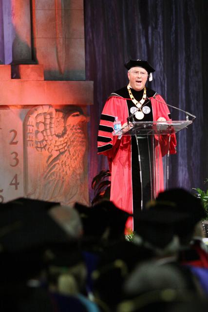Chancellor Randy Woodson gives his installation response at Reynolds Colliseum after being sworn in. "As we consider how to move NC State forward, there are three things that need our focus and attention