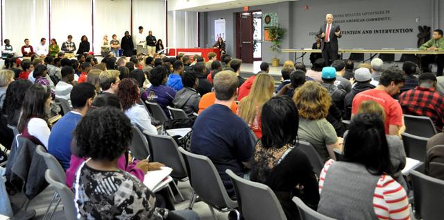 Chancellor Randy Woodson speaks to students and faculty in a meeting Nov. 5, 2010 to address events in the free expression tunnel earlier in the week. During the meeting, students were given an opportunity to speak and ask questions about the future of the tunnel and ideas for dealing with similar problems in the future. Photo by Alex Sanchez