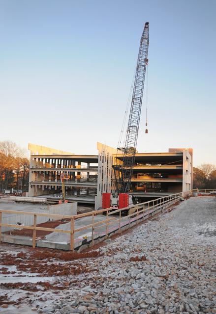 Construction on West Deck paused as a result of the ice storm Monday. Although the ice storm posed a problem, construction is still on track. Photo by Alex Nitt.