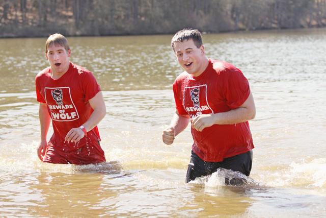 Derek Dussek, a sophomore in forest management, and Matt Woodward, sophomore in applied sociology, get chilly in Lake Raleigh during last year&#8217;s Polar Plunge on Feb. 20, 2010.