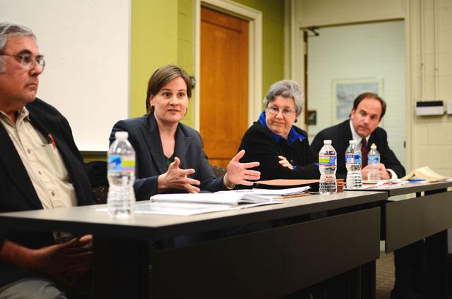 Elizabeth Spainhour, an attorney who represents media and communications companies, speaks at the Wikileaks panel discussion in Daniels Hall on Monday. The event, which was presented by N.C. State Student Media and the N.C. State Chapter of the Society for Collegiate Journalists, featured four panelists and was moderated by journalism professor Robert Kochersberger. Photo by Alex Sanchez.