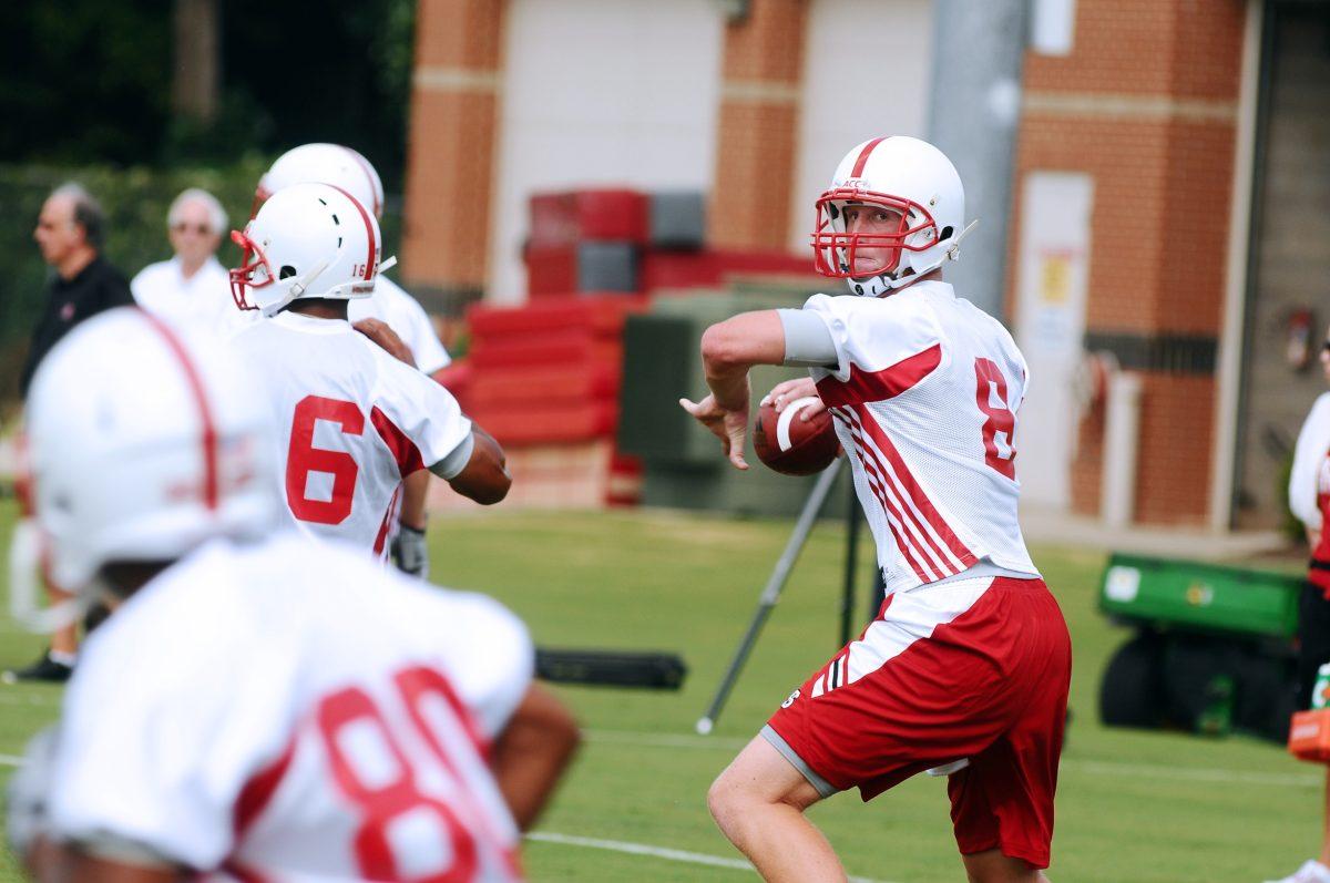 Junior Mike Glennon looks down the field for an open receiver during the Wolfpack's spring practice. With Russell Wilson out of the picture, Glennon has taken charge as the team's signal caller.