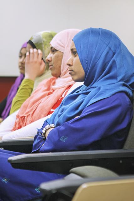 A group of Muslim students listened to head speaker Doaa Dorgham as she discussed women of Islam and their struggles and triumphs surround the hijab at Riddick Hall on Wednesday.