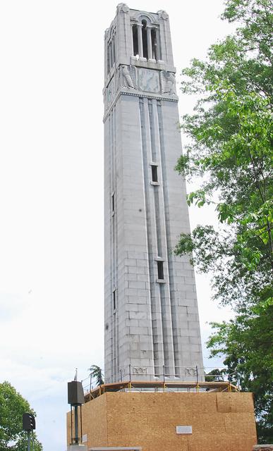 Workers continue to repair the Belltower to help prevent water damage. Photo taken by Sarah Tudor.