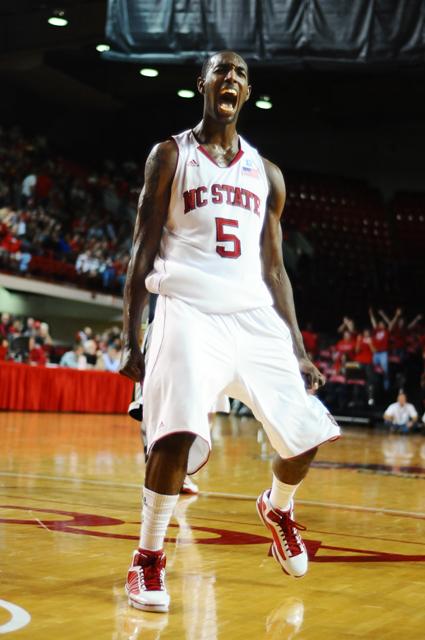Freshman forwad C.J. Leslie lets loose a yell of joy following a dunk in the second half of N.C. State's route of Pfeiffer at Reynolds Coliseum Tuesday, Nov. 9, 2010. Leslie had 17 points and seven rebounds as part of the 111-73 Wolfpack victory. Photo by Brent Kitchen