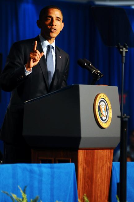 President Barack Obama speaks at Cree, Inc in Durham Monday, June 13, 2011. Obama spoke about the importance of science and engineering jobs to sustain a competitive edge in the global market. Photo by Brent Kitchen