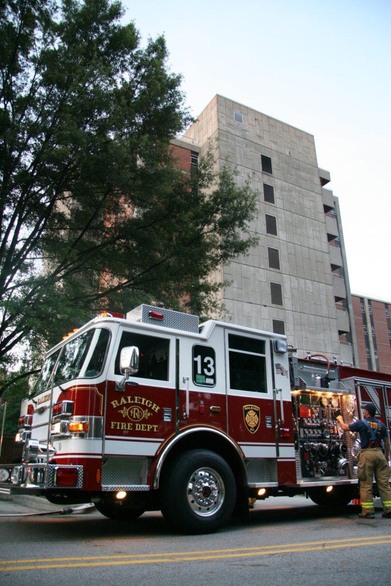 A truck from the Raleigh Fire Department waits on Yarbrough Drive as units responded to a potential gas leak in Dabney Hall. Fire and HAZMAT units responded after building occupants reported a suspicious odor and pulled the fire alarm Monday evening. Photo by Patrick Easters