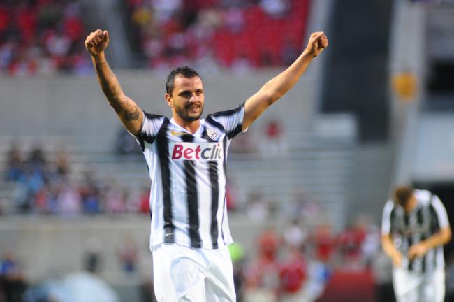 Juventus midfielder Simone Pepe celebrates the game's only goal during the World Football Challenge match between Juventus and Guadalajara at Carter-Finley Stadium Thursday, July 28, 2011. Juventus won 1-0. Photo by Brent Kitchen