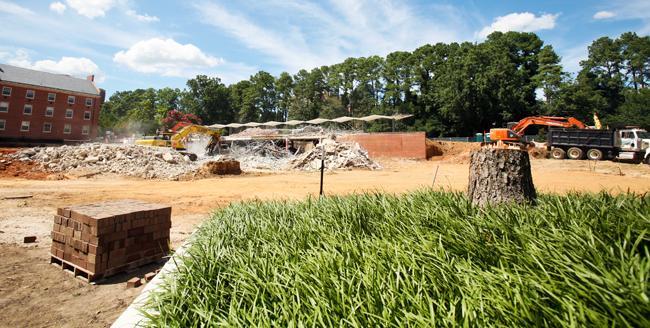 A bulldowzer tears down the bookstore as part of the Talley Renovation project. The antcipated completition is in 2014. The finished Talley will have the bookstore included in the building. Photo by Luis Zapata
