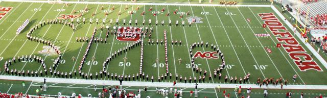 The Power Sound of the South plays on the field of Carter Finley before the season opener against Liberty University Sept. 3, 2011. The 2011 N.C. State marching band is the largest in school history. Photo by Alex Sanchez.