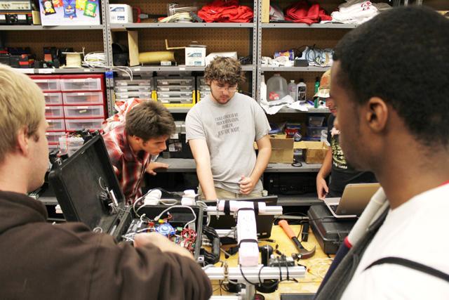 Members of the Underwater Robotics Club work on there most recent robotic sub, the Seawolf III, in there workspace in Burlington Laboratories on Tuesday October 25 2011. From their website, "Seawolf III features 8020 aluminum framing, a Lenovo netbook, and new software architecture dubbed 'libseawolf.'" Photo by Tyler Andrews