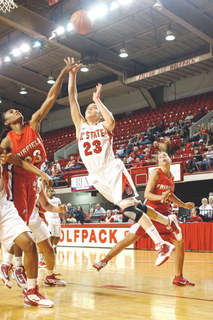 Junior guard Marissa Kastanek lays the ball in at Reynolds Coliseum against Fairfield. Photo taken by Tim O'Brien.
