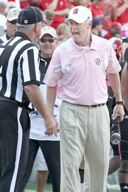 Wolfpack head coach Tom O&#8217;Brien yells at one of the officiating personnel during the N.C. State &#8211; Central Michigan Football game in Carter-Finley Stadium on Saturday, Oct. 8. O&#8217;Brien&#8217;s team gained 406 total yards and had four interceptions, helping them to secure a win over Central Michigan, 38-24. Photo by Kevin Cook.