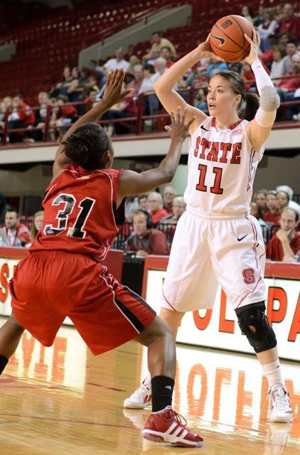 Redshirt senior guard Emili Tasler gets ready to pass the ball to her teammate during the season opening exhibition game against North Greenville in Reynolds Coliseum on Sunday Nov. 6. Photo by John Joyner.