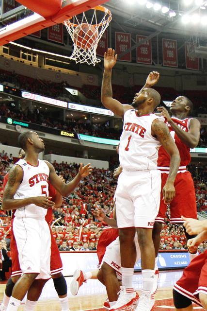 Junior forward Richard Howell reacts after making a layup against Indiana on Nov. 30. Howell contributed six points and rebounds to the Pack's effort against the Hoosiers. Photo By Oliver Sholder.