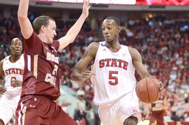 Sophomore forward C.J. Leslie charges past a Boston College defender in the RBC Center Thursday. Photo by John Joyner.