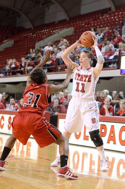 Redshirt senior guard Emili Tasler gets ready to pass the ball to her teammate during the season opening exhibition game against North Greenville in Reynolds Coliseum on Sunday Nov. 6. Photo by John Joyner.