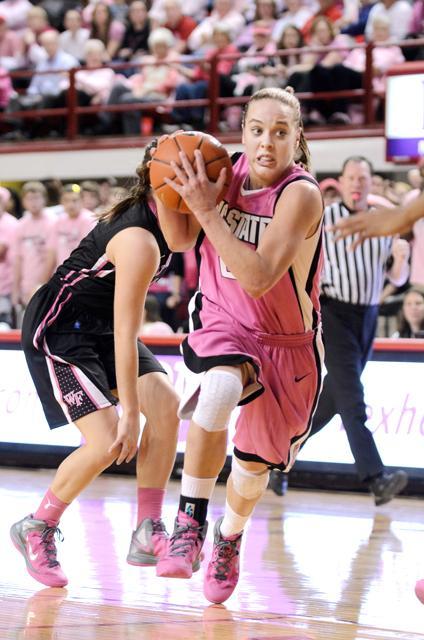 Junior guard Marissa Kastanek drives into the paint during the Hoops 4 Hope women's basketball game against Wake Forest in Reynolds Coliseum Sunday, Feb. 12. Despite her 10 points and 100 free-throw percentage, the Wolfpack Women fell to the Demon Deacons 70-57. Photo by John Joyner.